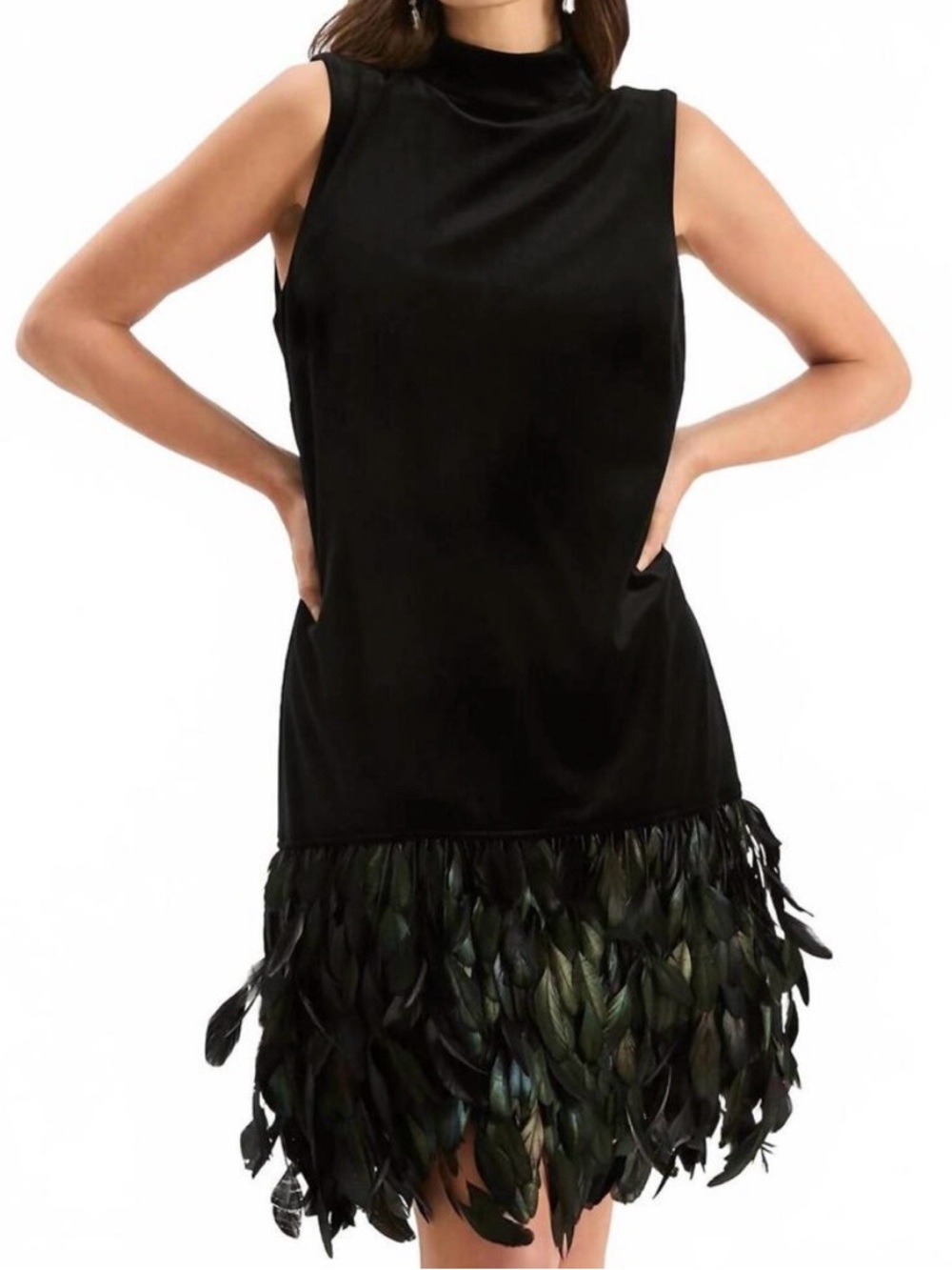 NWT Tyler Boe Sz M Black Feather-Hem Sleeveless Dress - Elegant Evening Wear
